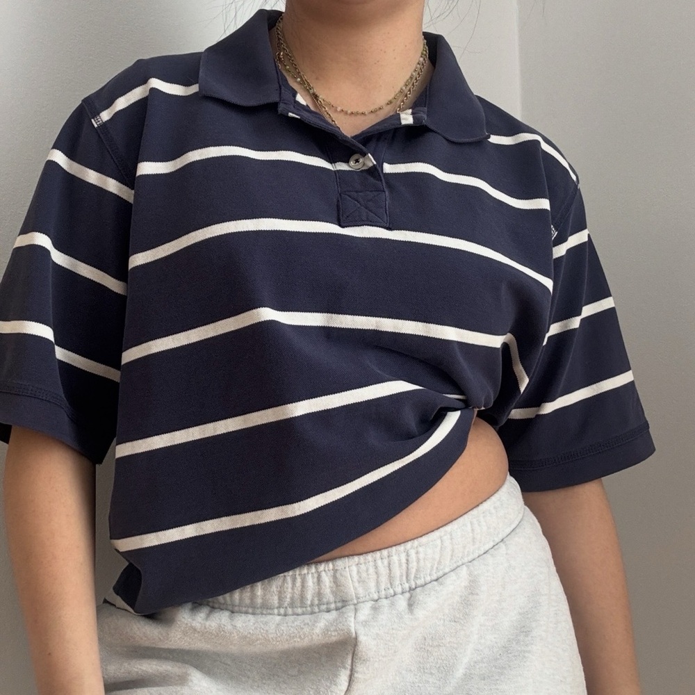 Vintage Navy and White Striped polo Crop Top
